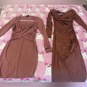 Selling Both
-Short Nude Dress
-Long Off-shoulder Brownish Dress
